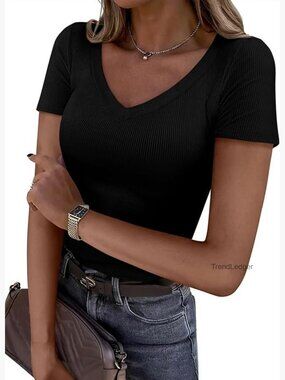 Slim Fit Ribbed V-Neck Tee Short Sleeve Basic Top Women's Medium